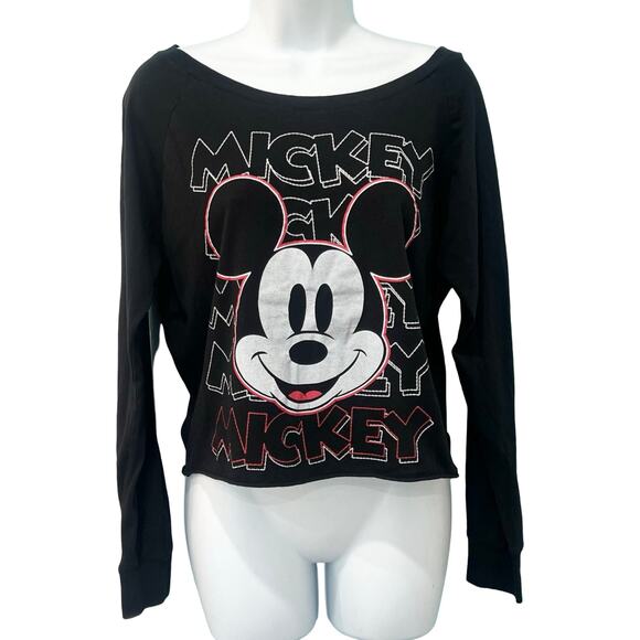 Disney Mickey Mouse Screen Print Black Cropped Scoop Neck Long Sleeve Tee size S - Picture 1 of 8